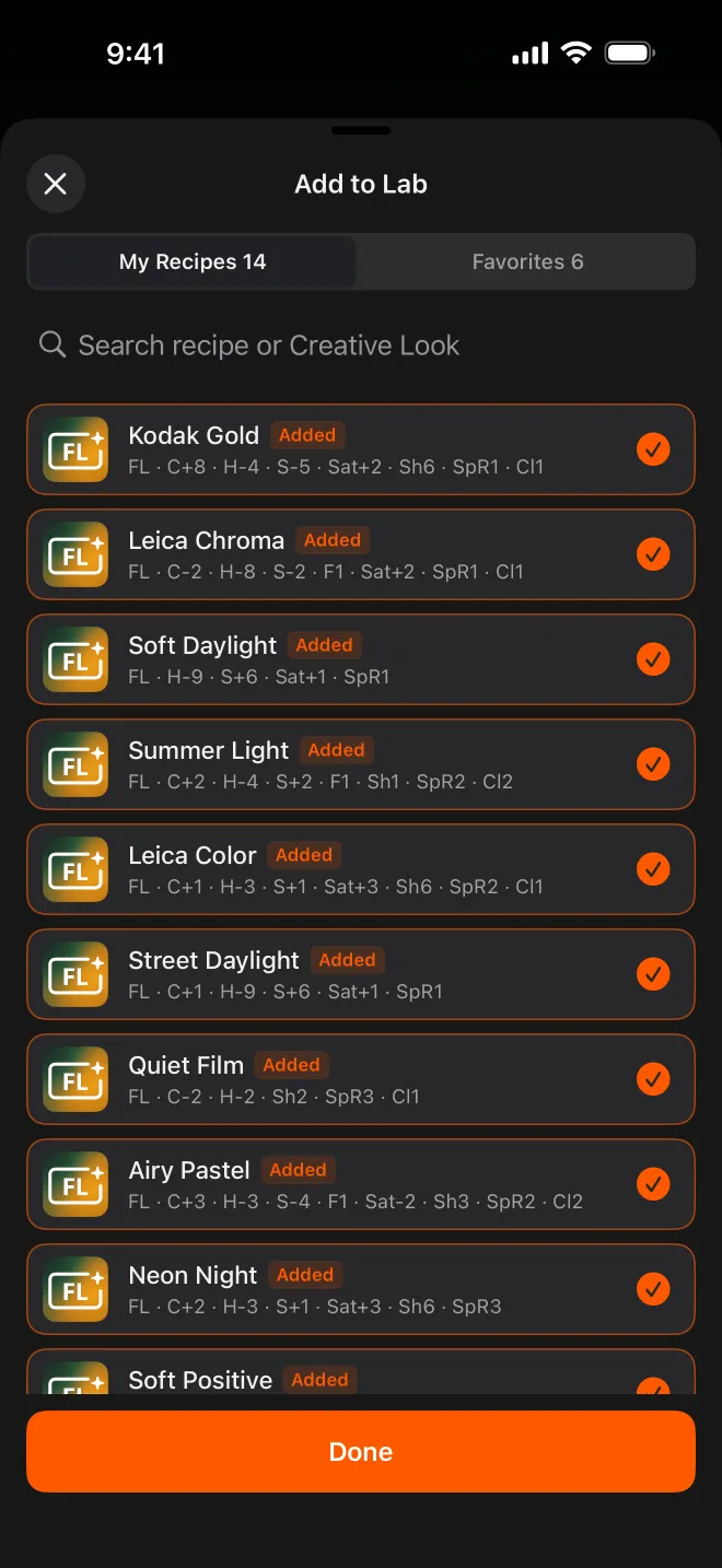 Add to Lab: pick from your own recipes and community favorites. (Recipe names shown are examples.)