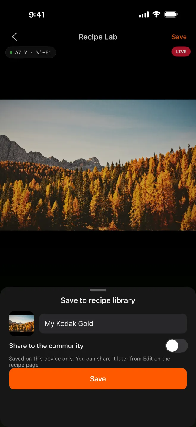 Save to recipe library uses the current frame as the thumbnail; the name is editable. (Recipe names shown are examples.)