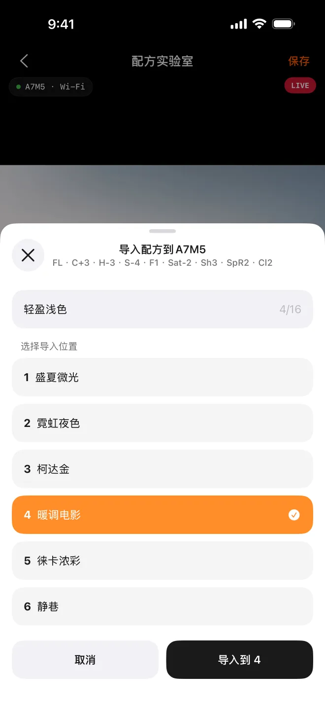 写入自定义外观槽：先确认名字，再选位置。覆盖已有内容前会再问一次。（截图中的配方名为示例）