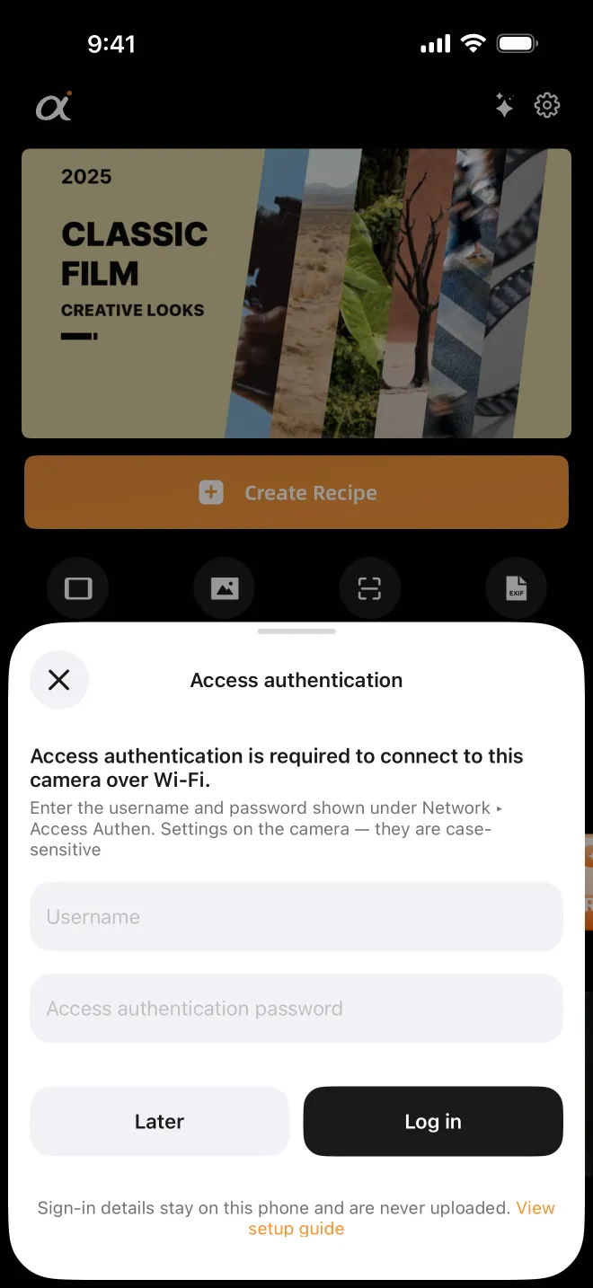Access authentication is entered once and stays on this device.