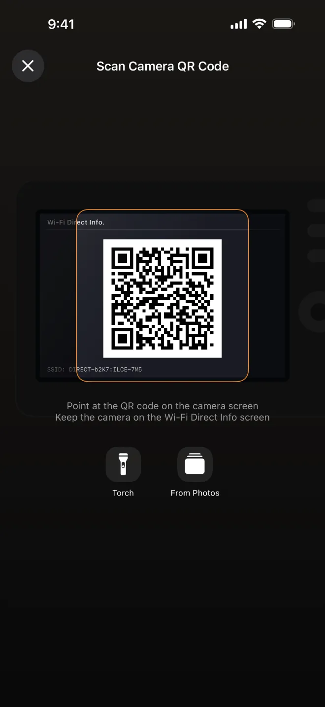Keep the camera on the Wi-Fi Direct Info screen while you scan.
