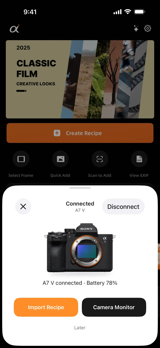Connected — go straight to importing a recipe or Camera Monitor.